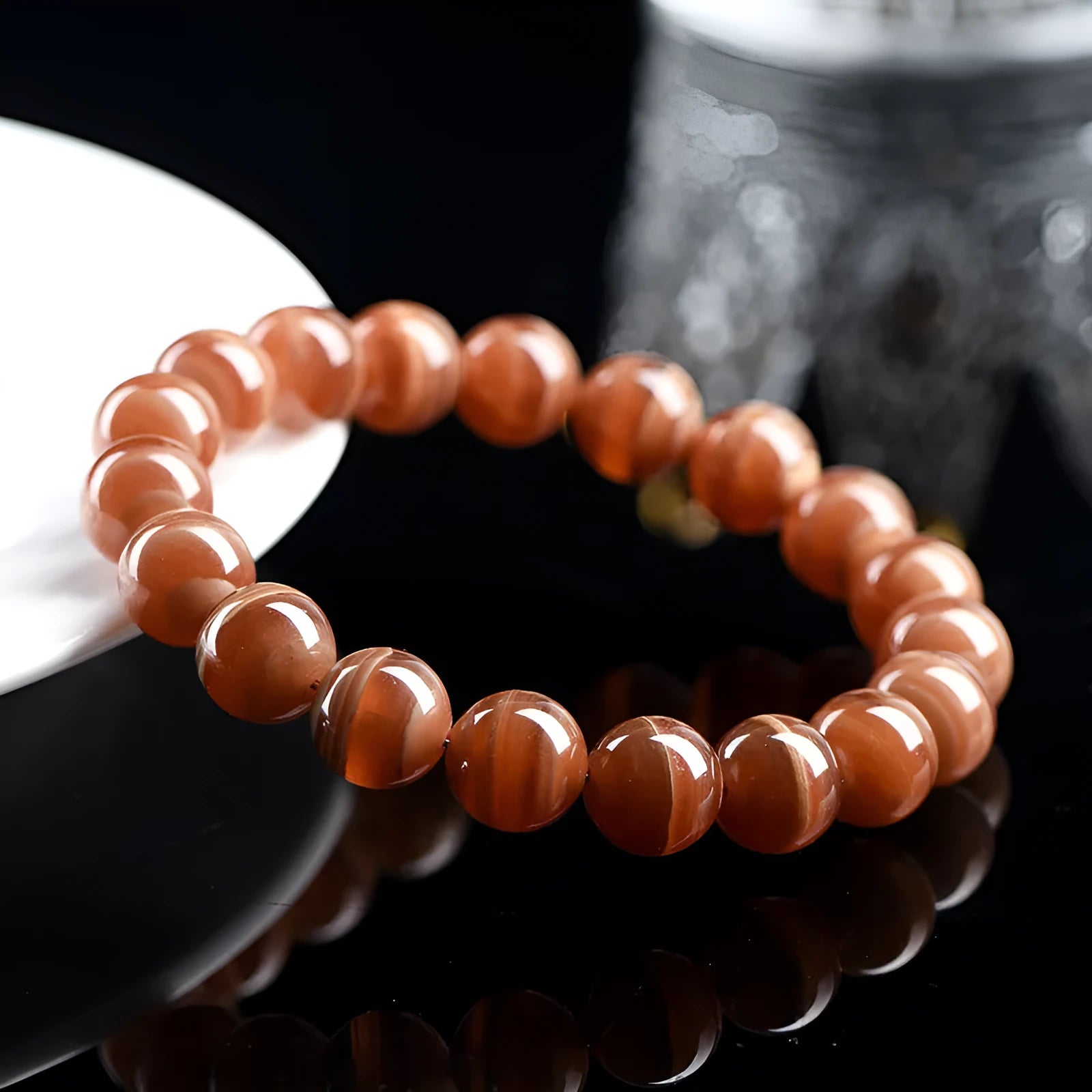 Natural old mine rhodochrosite round bead bracelet with geometric design and ruyi elements