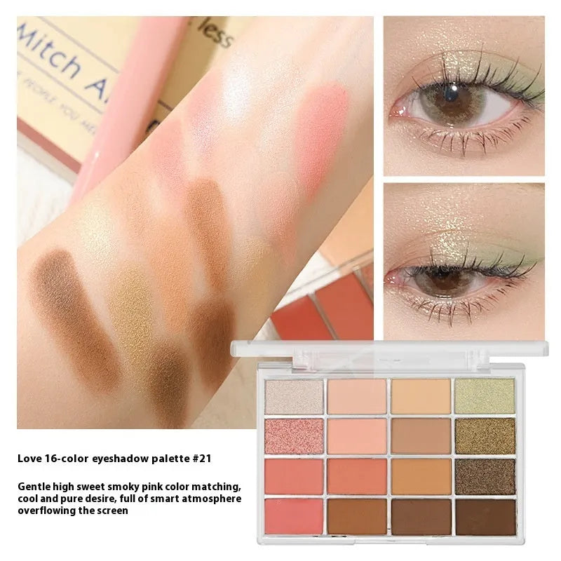16 colours eye shadow plate with shimmer and matte finishes in multiple shades including pink and brown