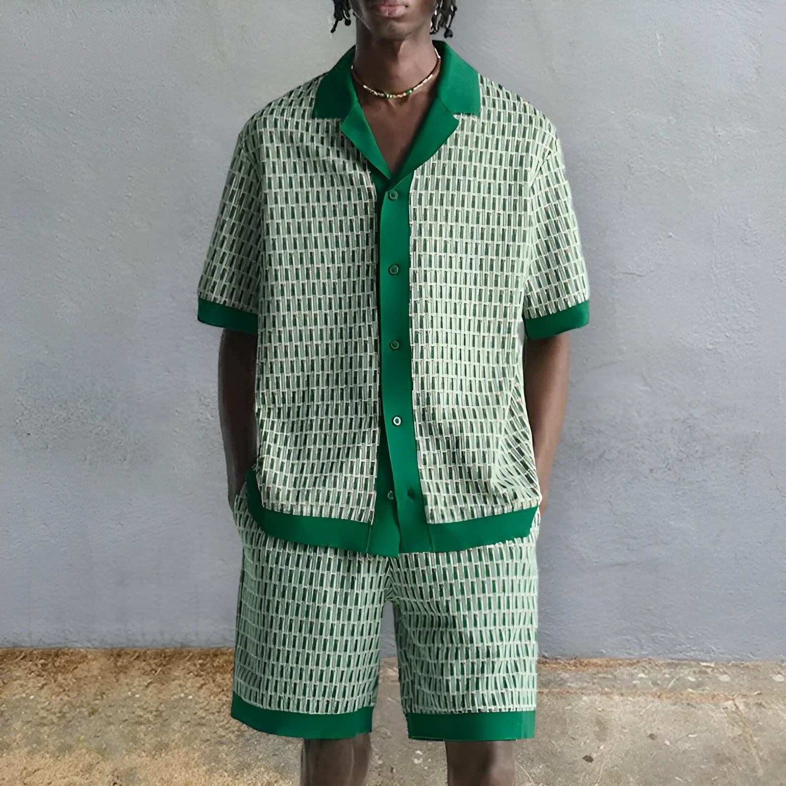 Men's printed polyester two-piece beach set with short-sleeved shirt and elastic shorts in colour MHX01344