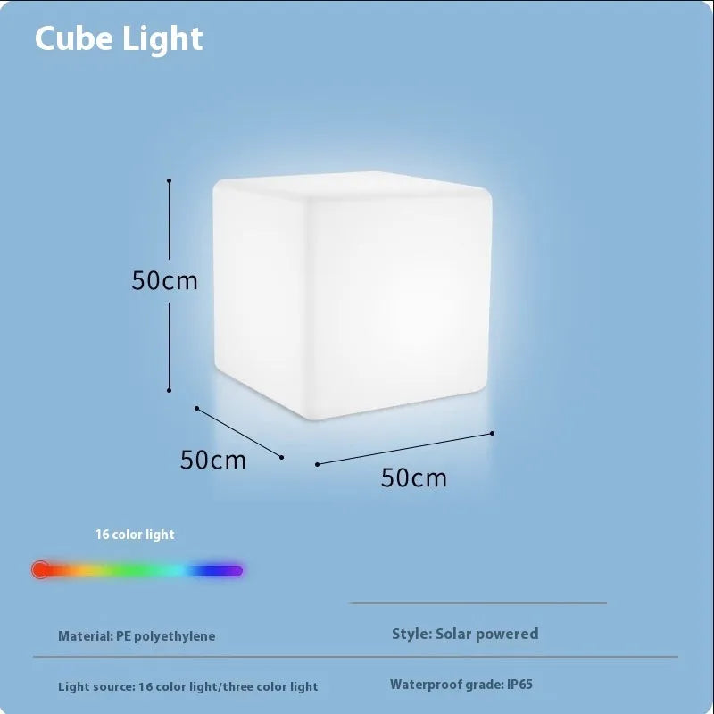 Modern white LED square cube light for outdoor garden and pathway illumination.