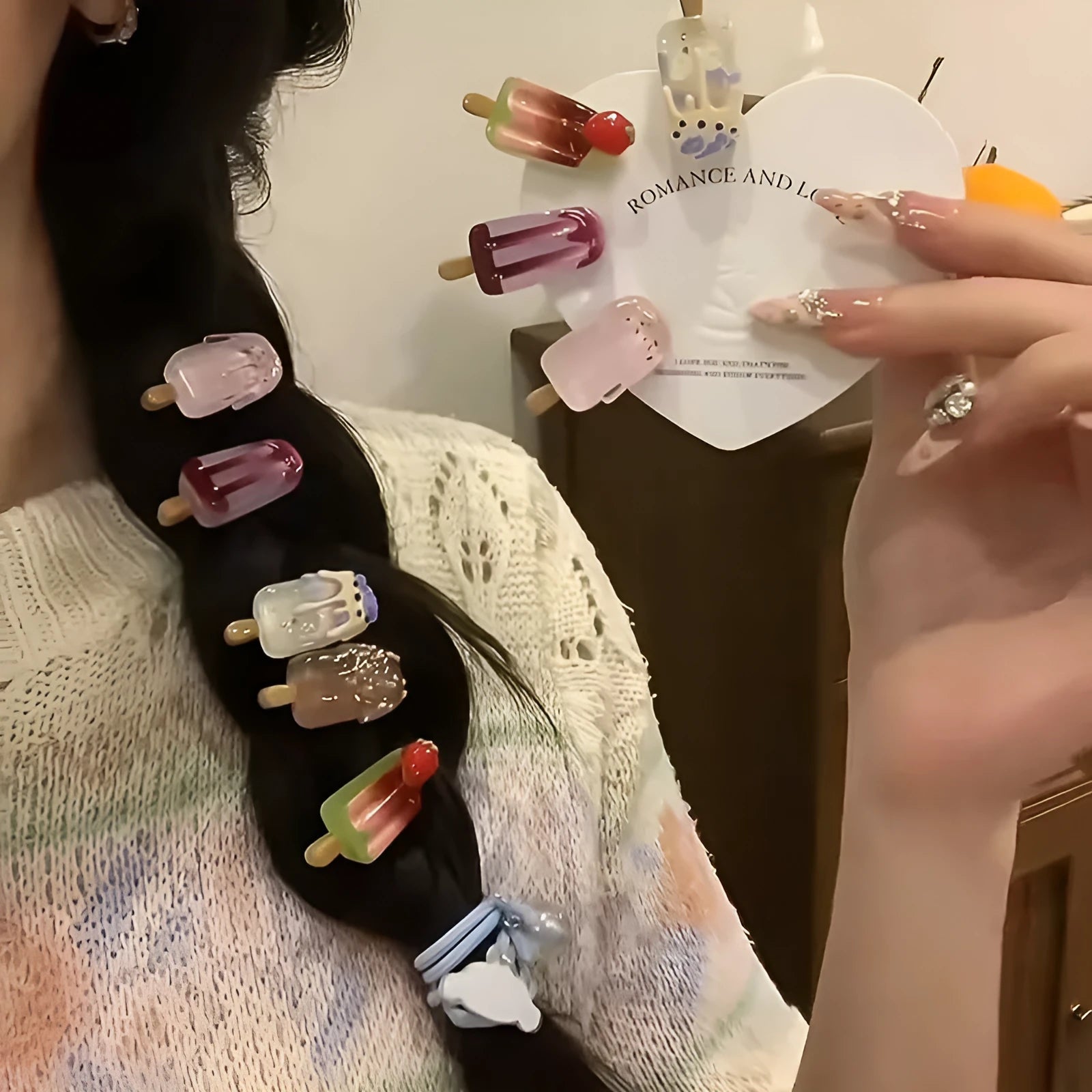 Resin hair barrette featuring a cartoon ice cream design in pink, red, coffee, purple, and beige colour options.