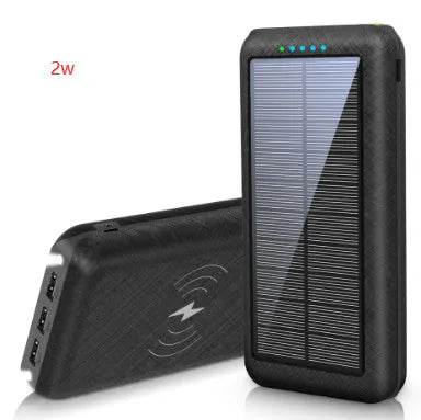 Black portable power bank with solar panel, wireless charging surface, and three USB output ports