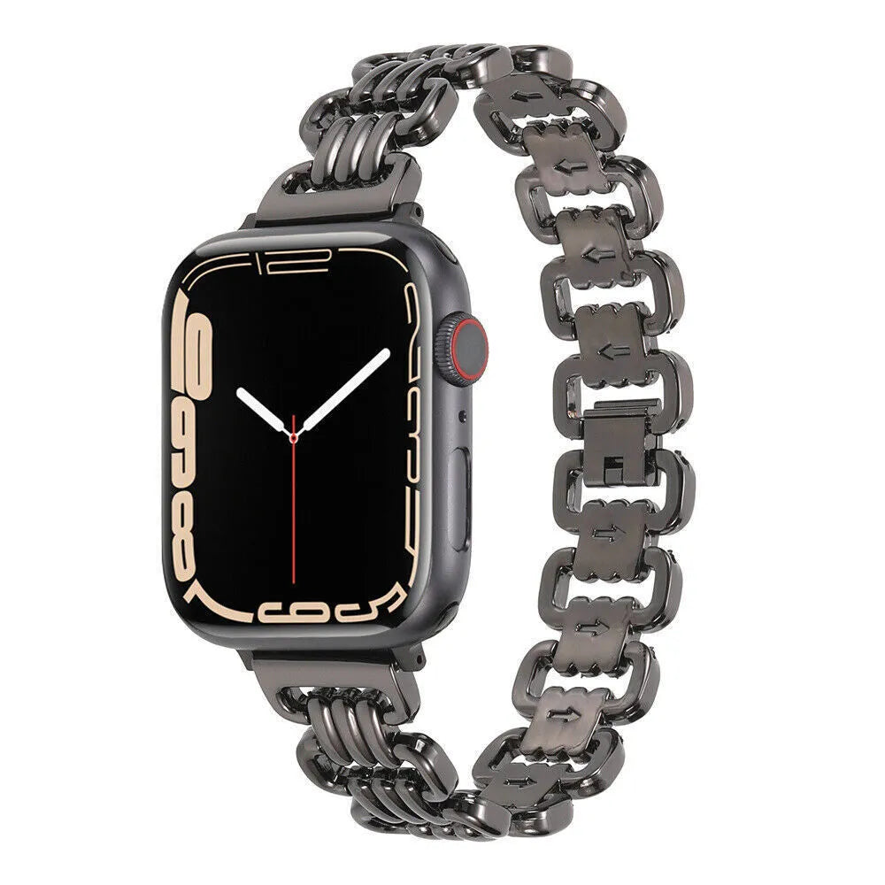 Alloy metal replacement bracelet for Apple Watch in silver, black, gold, rose gold and Starlight colours.