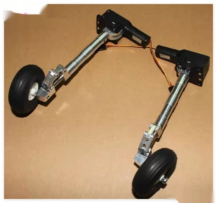 Alloy retractable shock-absorbing landing gear for model aircraft with wheels.