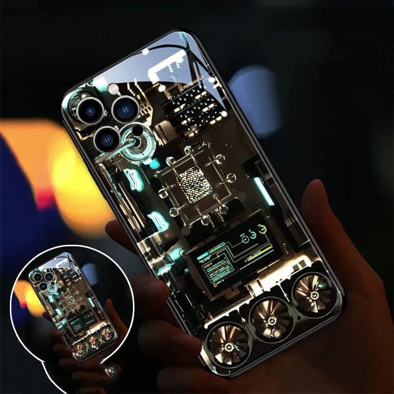 Xpress 14 clear tempered glass iPhone case with illuminated LED notification light on a table.