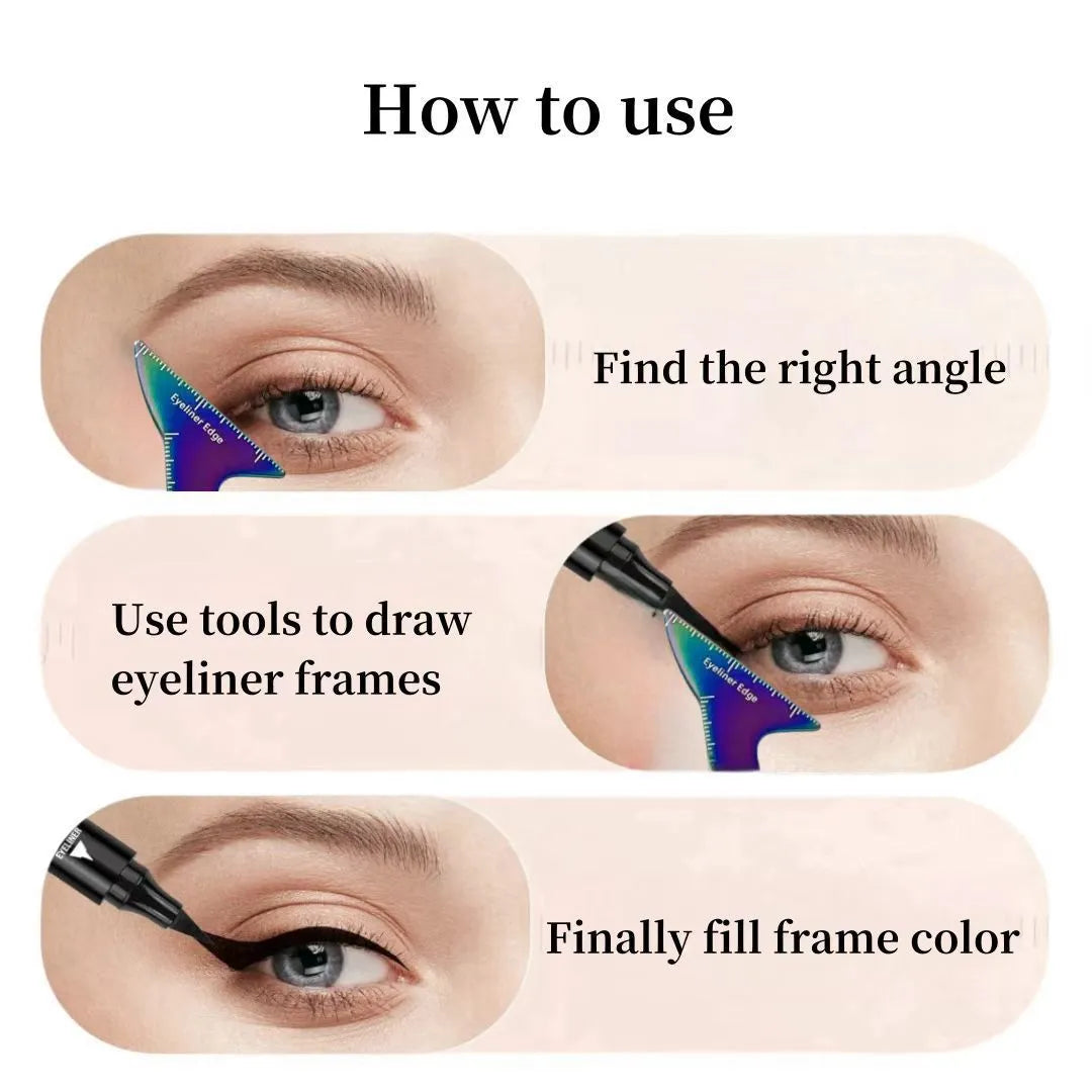 Reusable 3-in-1 eyeliner stencil tool for hooded eyes showing winged eyeliner, eyebrow and contour templates