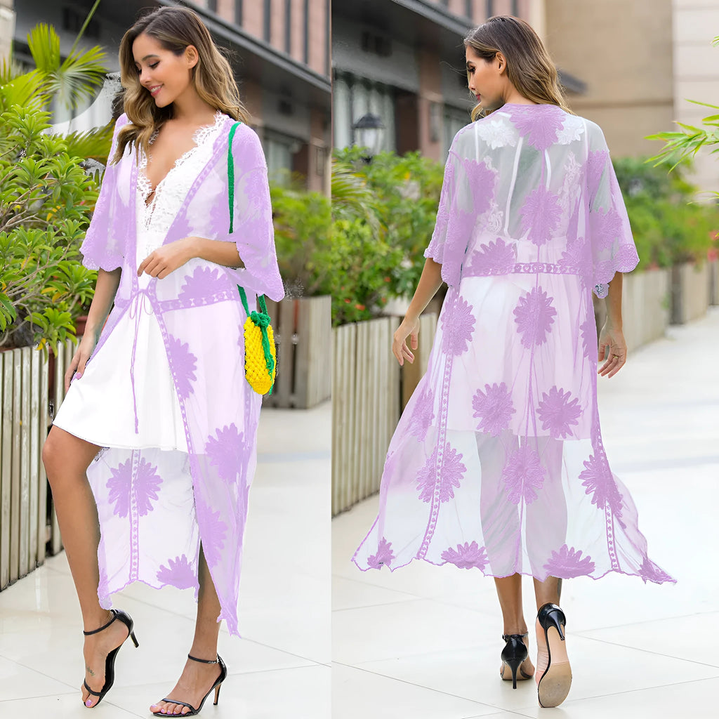 Light purple lace embroidery beach cover-up dress for women with cotton blend lining