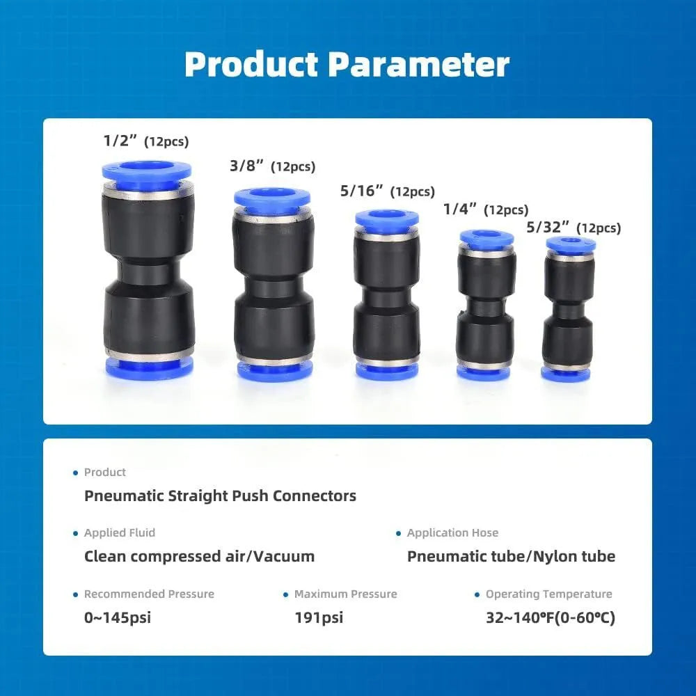 60-piece quick pneumatic connector set with push-in fittings in R1/4 and R1/2 calibres