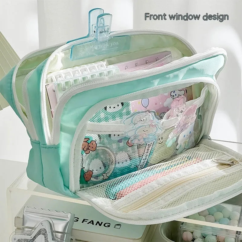 Double layer pencil case in solid colour with gift handle for high-capacity stationery storage