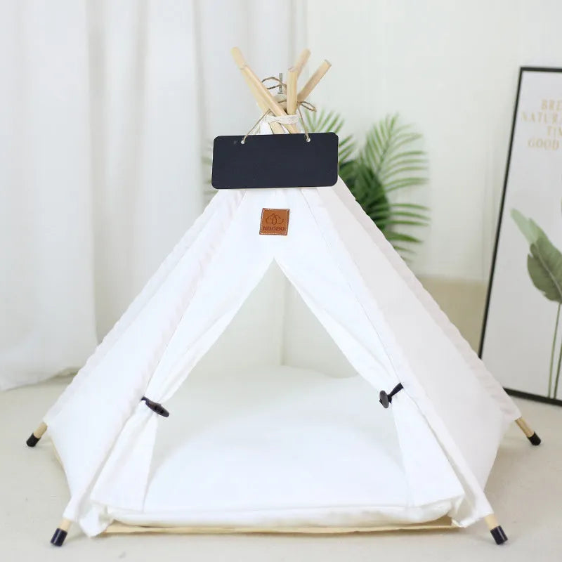 Striped flax linen pet teepee tent with cushion for small dogs or cats indoors