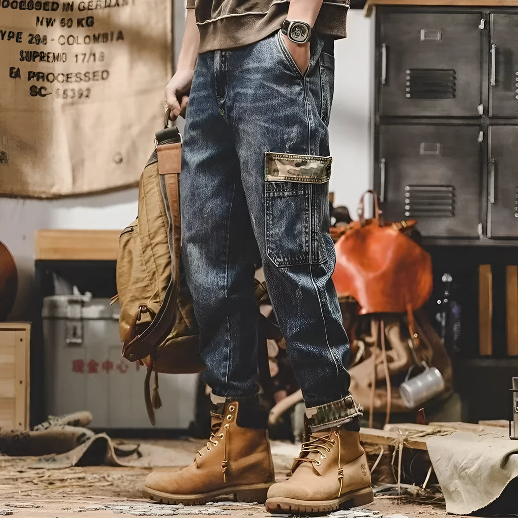 Blue heavy distressed cargo jeans for men, loose fit, mid waist, cotton denim, button fly