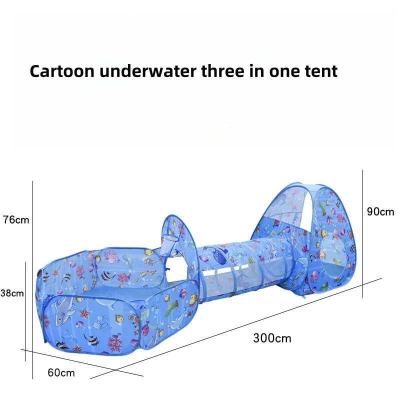 Cartoon marine themed three-in-one children's fabric play tent with ball pool tunnel