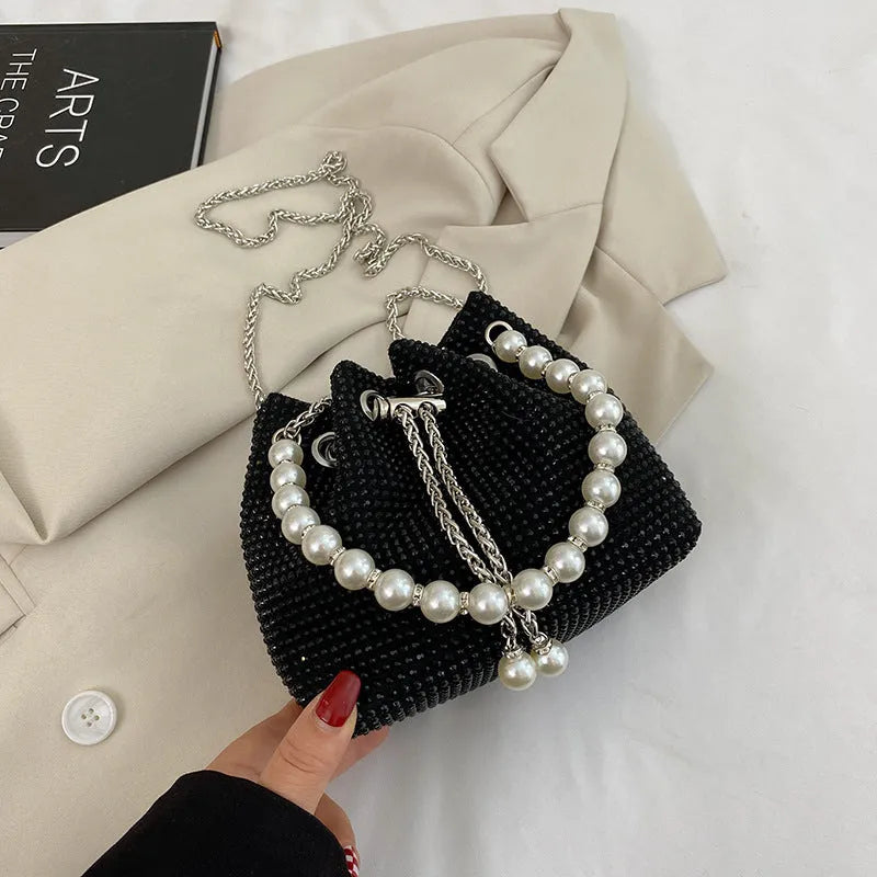 Women's diamond pattern PU leather crossbody bucket bag with western chain strap in choice of colours