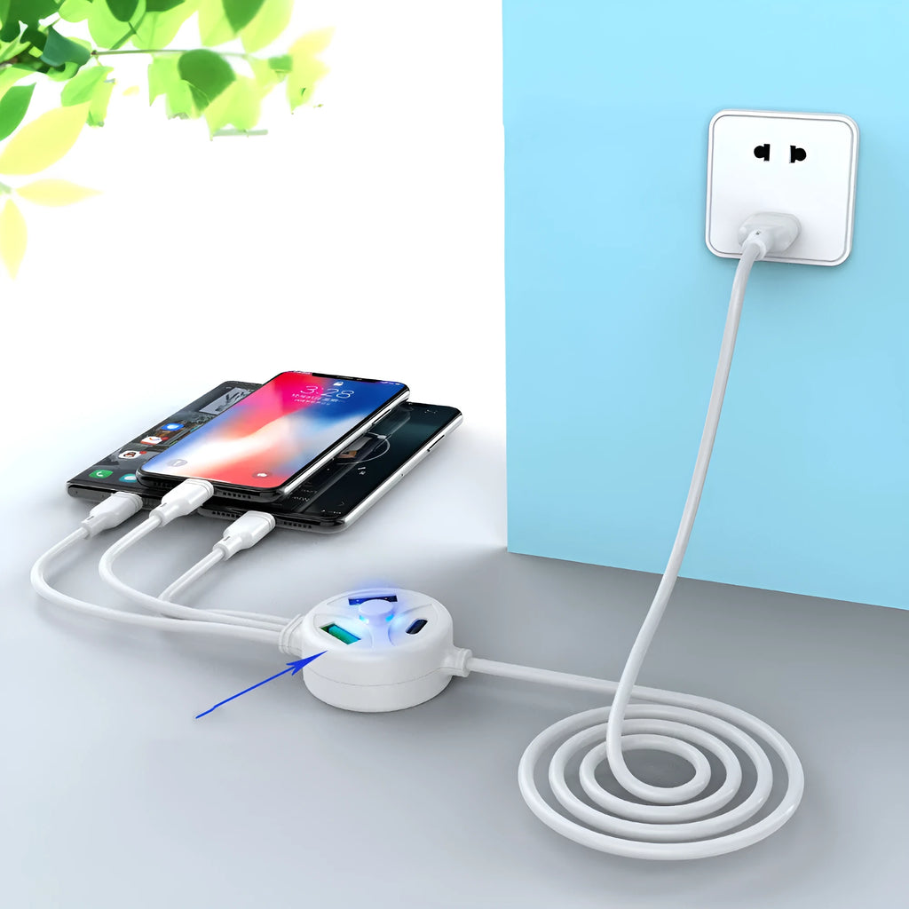White PD fast charge cable with Type-C, Micro USB and Mini USB connectors on 1.2m PVC cable