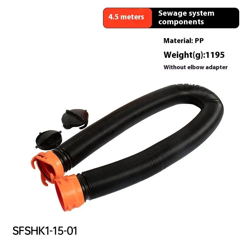 90-degree grey rotary elbow joint connector for a caravan sewage hose with extended polypropylene hose.