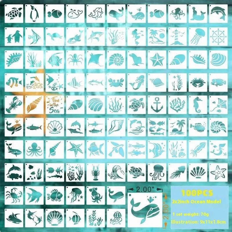 Milky white PET film stencils showing hollow designs of animals, flowers, letters, and ocean themes.
