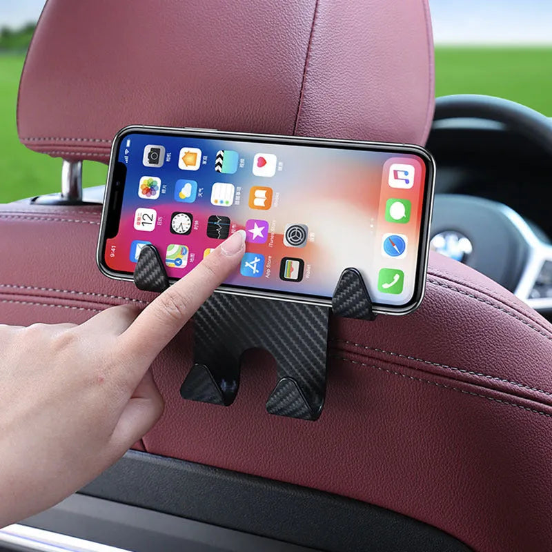 Black ABS plastic car hook and mobile phone holder for rear seat back storage.