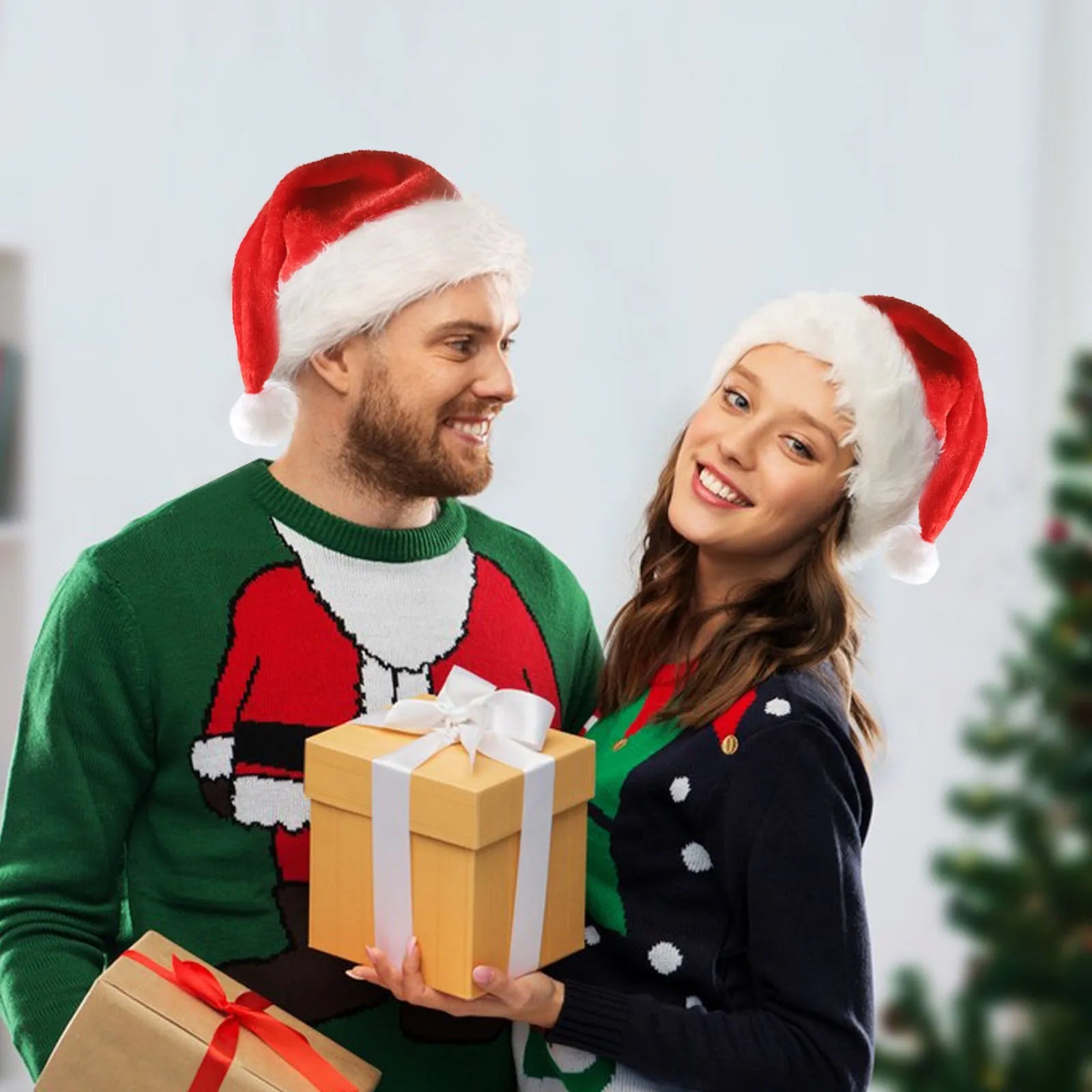 Red and white plush Santa hat with integrated multi-colour LED lights lit up around the brim.
