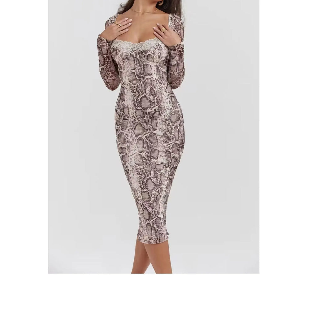 Grey women's slim fit lace dress with 3D digital print pattern and A-line skirt