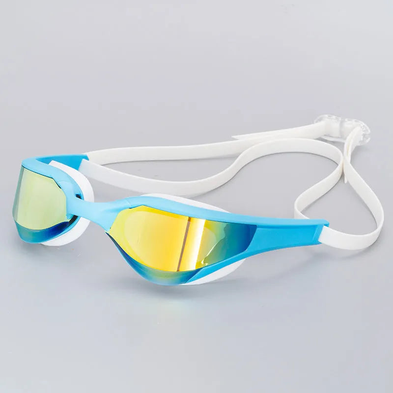 Black and gold plated anti-fog racing swimming goggles with polycarbonate frame on a blue background.