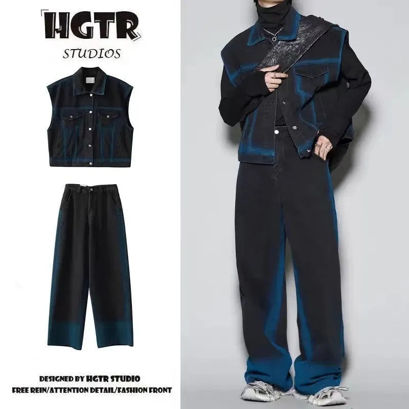 Distressed denim vest and jeans set with spray colour gradient effects and fleece lining