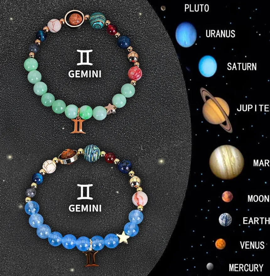 Two natural stone beaded bracelets showing zodiac symbols for all twelve astrology signs