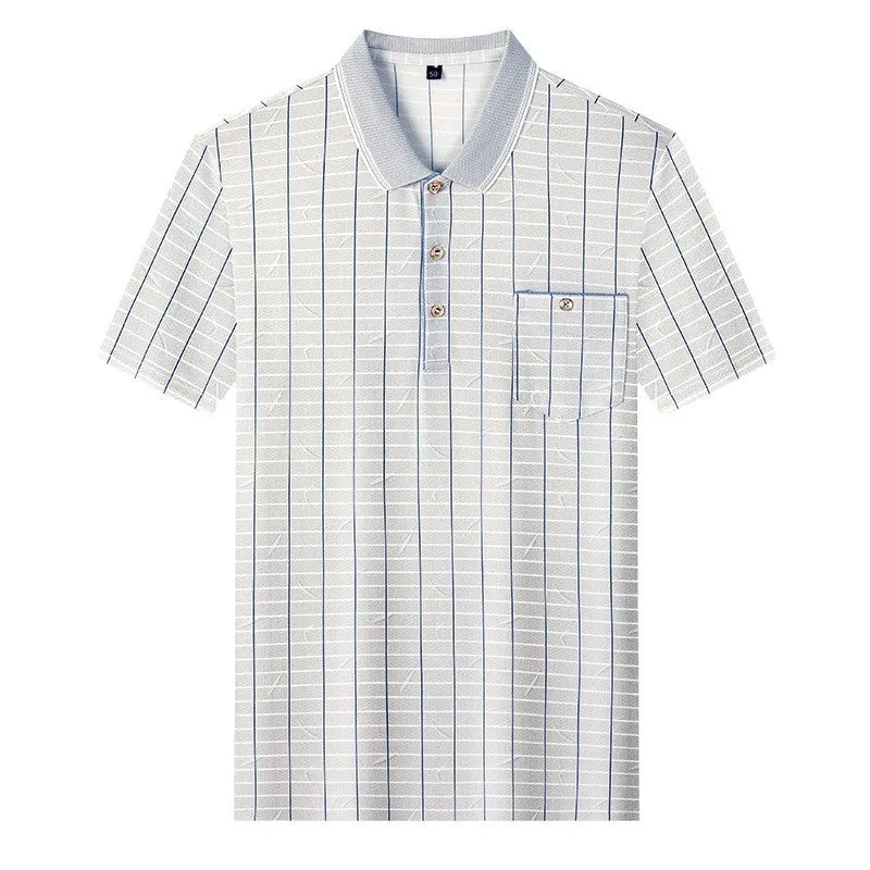 Men's Ice Silk summer top loose fit plaid pullover in light gray on a man