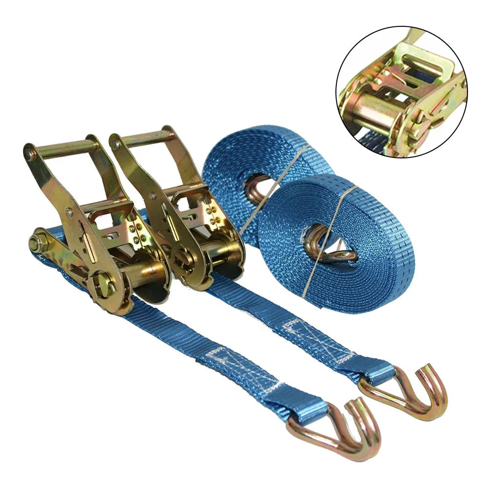 Steel ratchet tensioner with double hook on a grey polyester binding strap laid flat