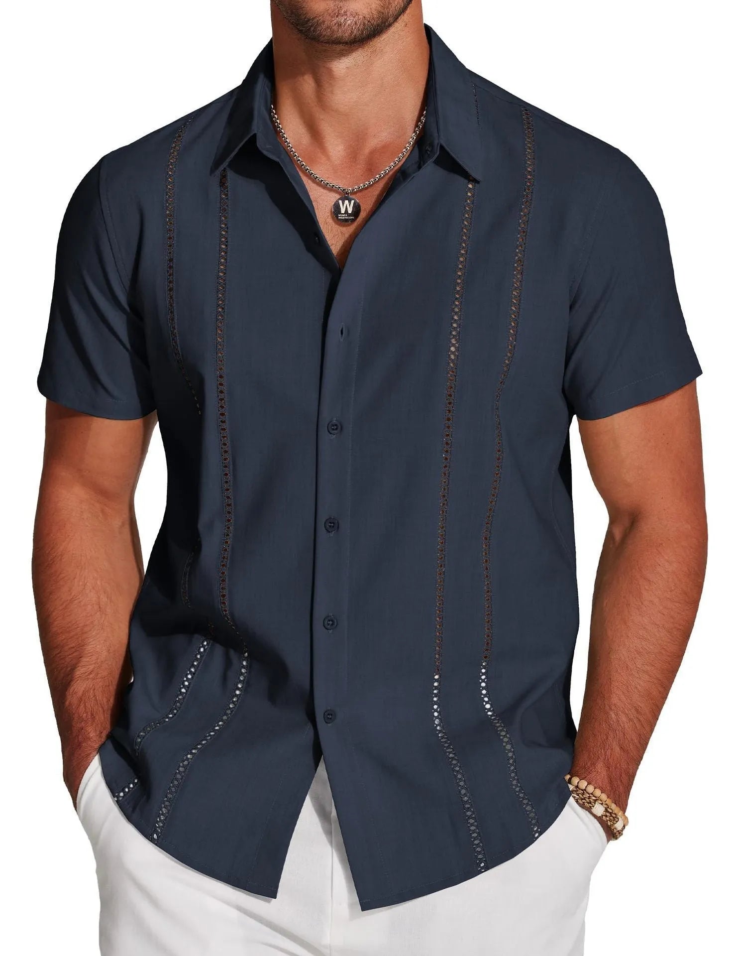 Men's slim fit Hawaiian short sleeve shirt with digital printed pattern and elastic polyester fabric