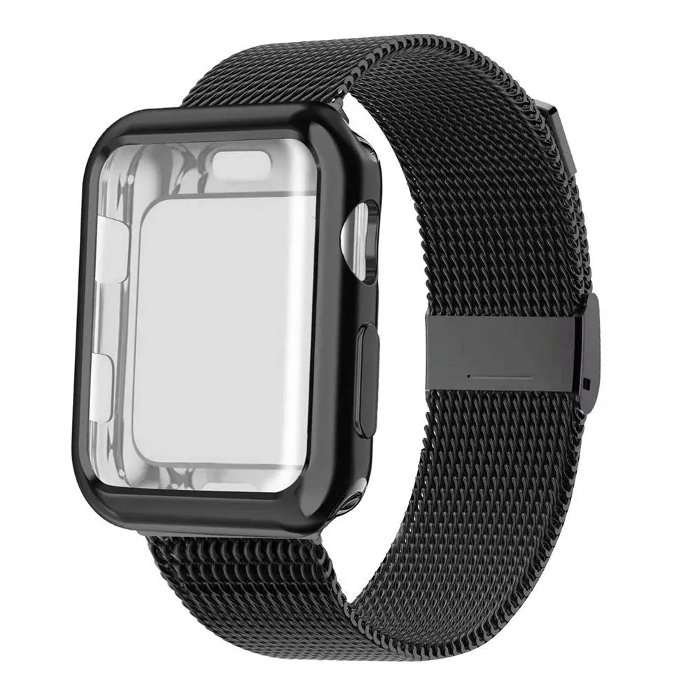 Apple Watch magnetic Milanese loop metal band in silver on a wrist.