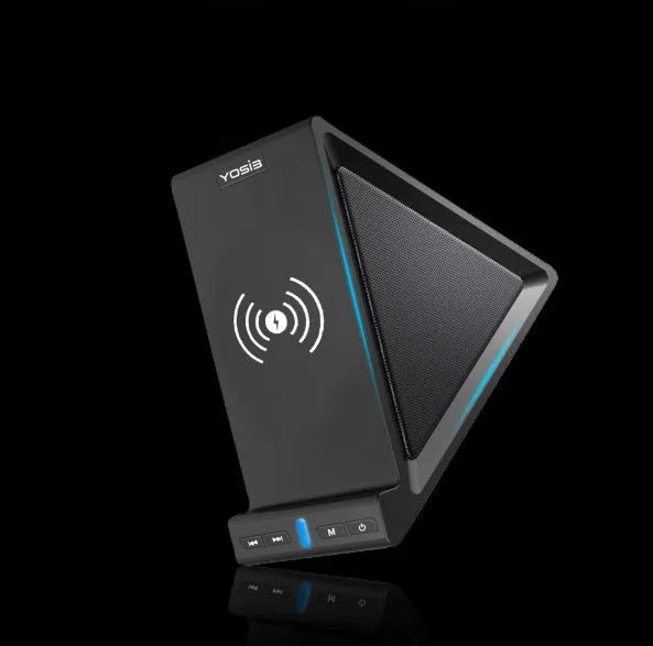 Black multifunctional Bluetooth speaker with integrated wireless charger and phone stand