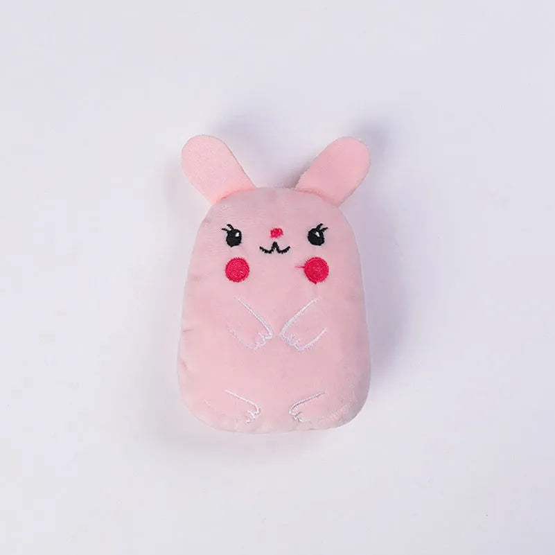 Small plush cat toy with catnip filling for chewing and teeth grinding, shown in assorted colours.