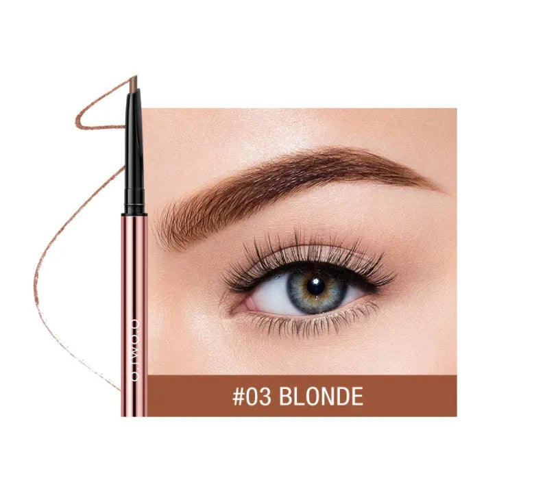 Triangular eyebrow pencil in plastic case with six shade options including blonde, taupe and dark brown