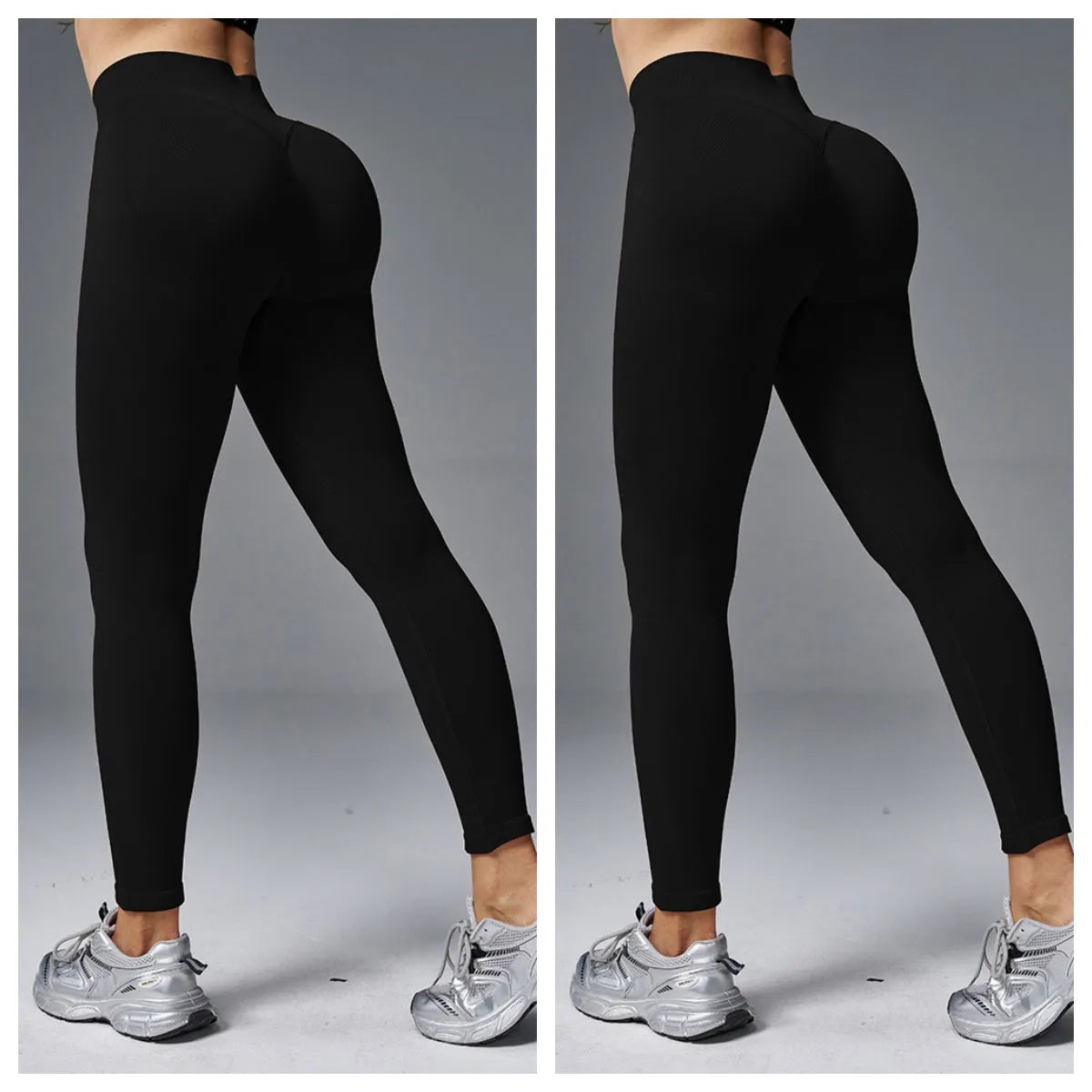 Women's solid colour cotton blend yoga pants with a mid waist and hip-tightening fit.