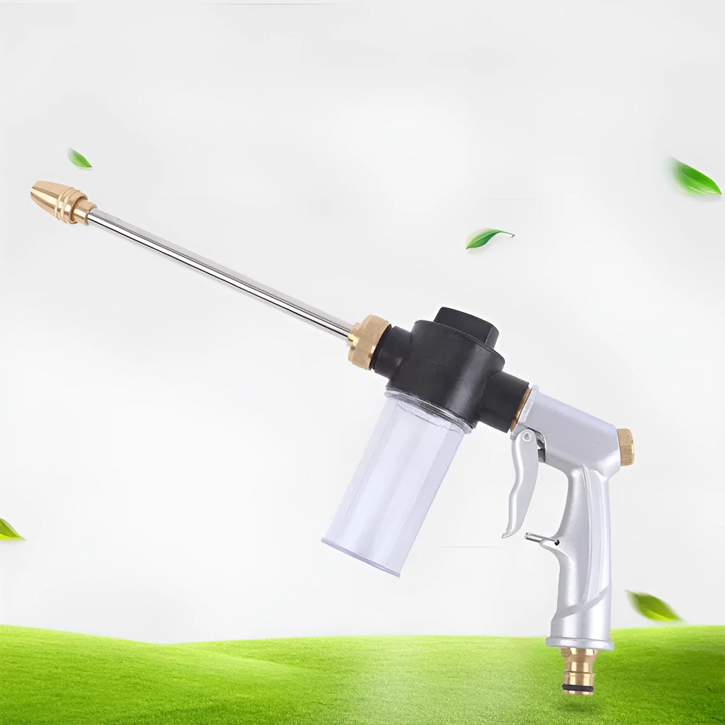 Gold high-pressure car wash water gun with copper head and aluminium alloy handle on a white background
