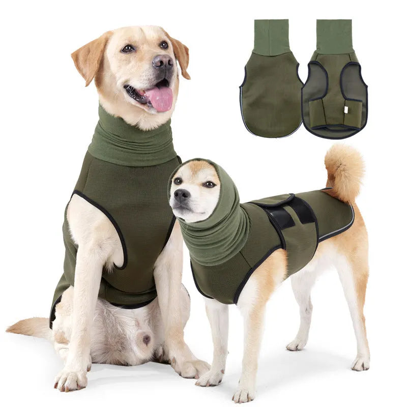 Army green polyester dog anti-anxiety calming jacket shown on a medium-sized dog.