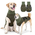 Army green polyester dog anti-anxiety calming jacket shown on a medium-sized dog.