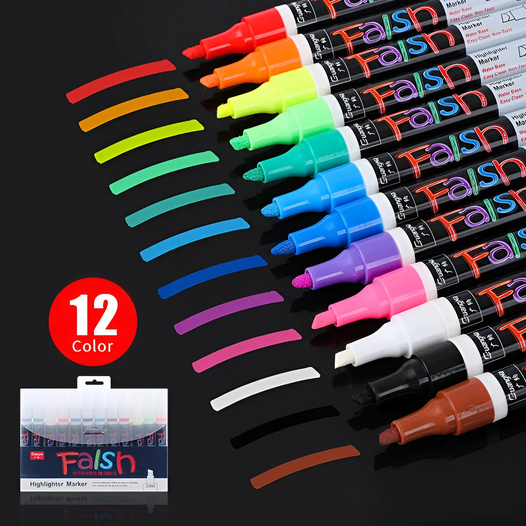 Electronic fluorescent board highlighter with oblique pen shape showing 6mm tip and plastic shell construction