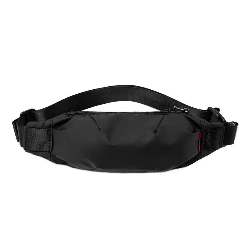 Black Oxford cloth waist pack with crossbody strap showing zipper closure
