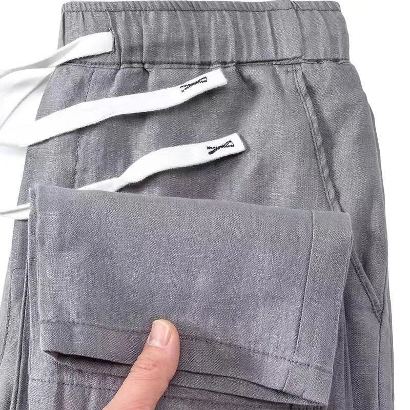 Pure linen Chinese-style straight trousers with elastic waistband in multiple colour options