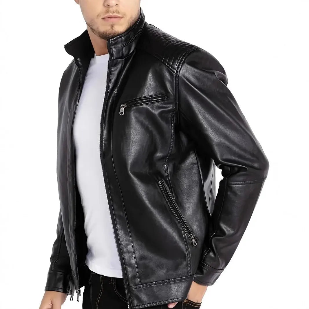 Men's punk-style artificial leather motorcycle jacket with stand collar in multiple colour options
