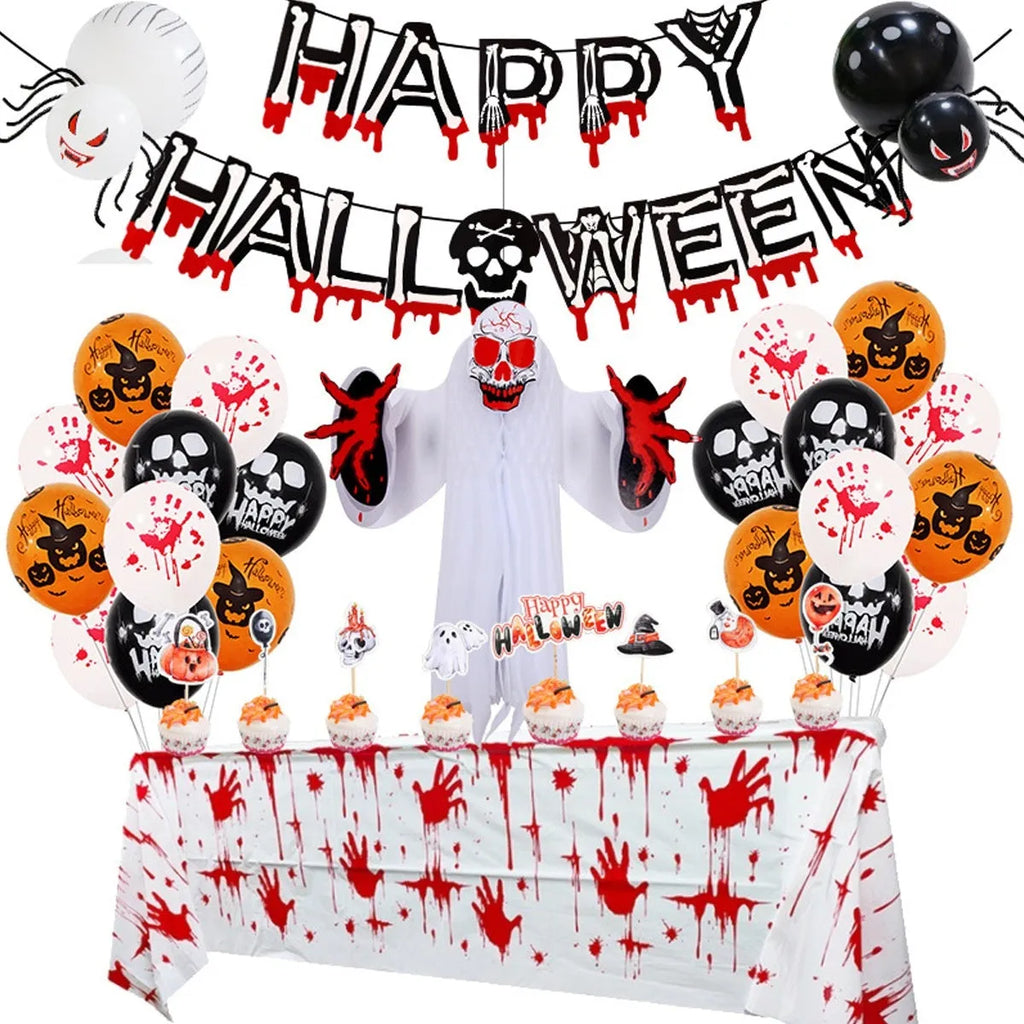 Halloween balloon combo set with skull and pumpkin designs in white and black colours for spider balloon arch