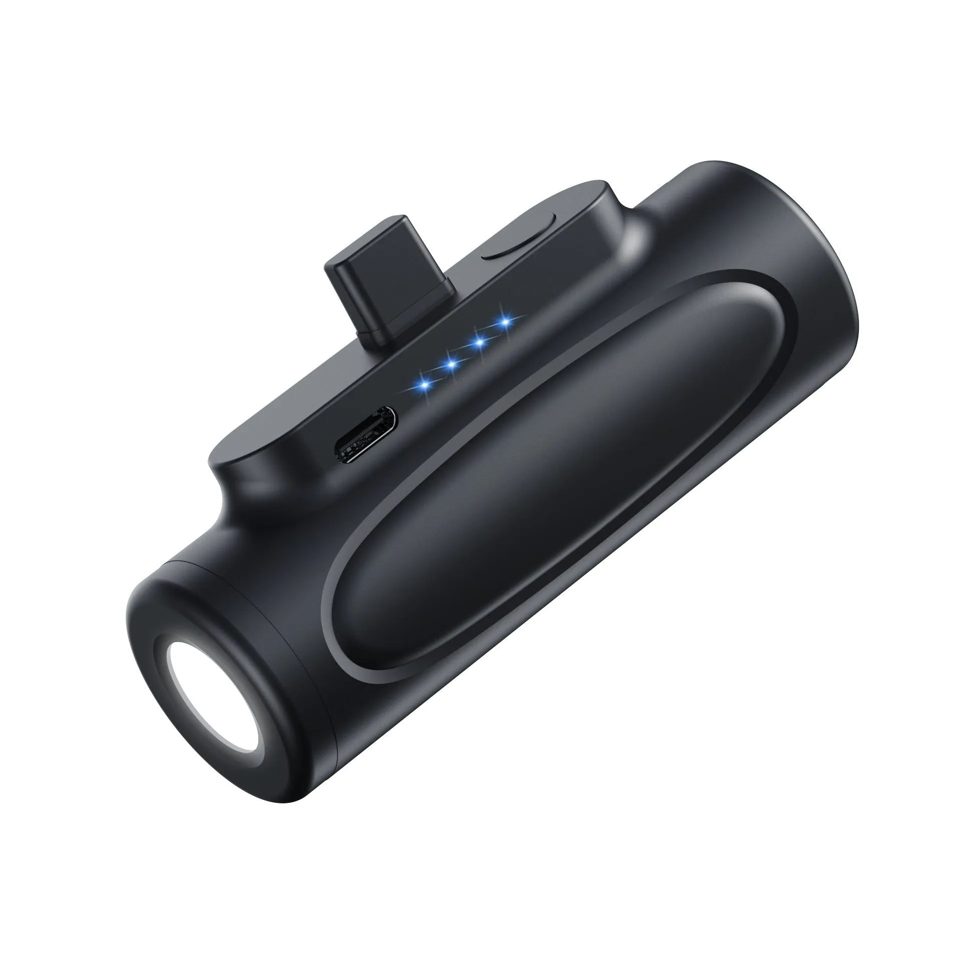 Black and pink creative power bank with integrated LED glare flashlight, showing Type-C and Apple port options.