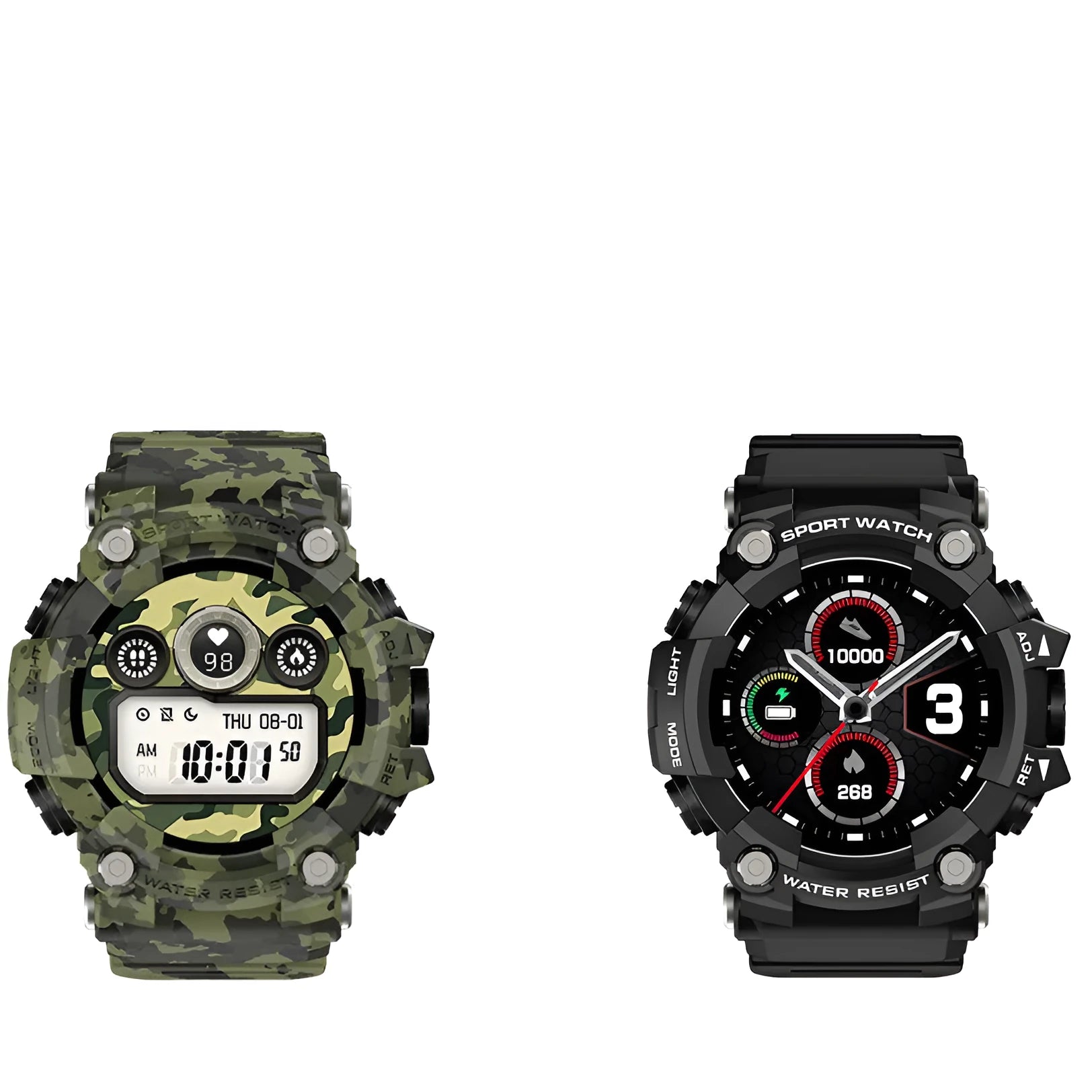 T6 tactical rugged smart watch with black or green strap on wrist, showing 1.3-inch screen