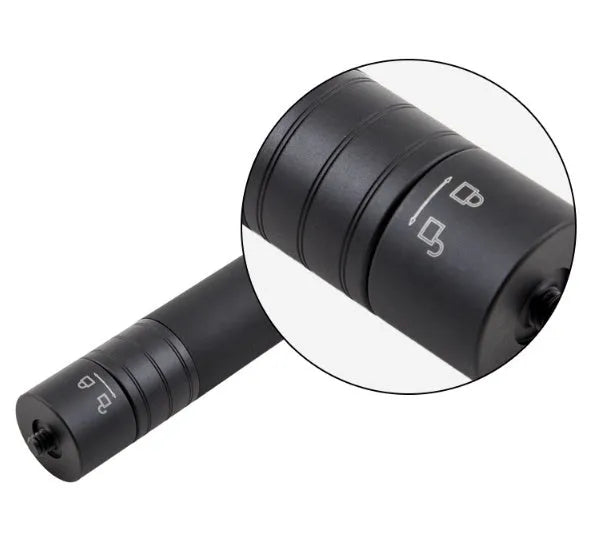 Black retractable aluminium selfie stick extended to 100cm with smartphone attached and Bluetooth remote.