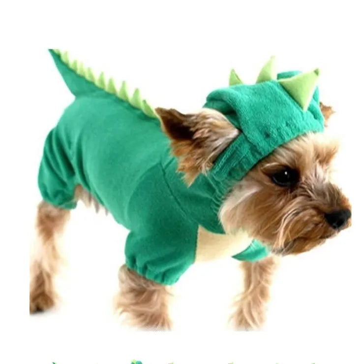Pet dog wearing Halloween dinosaur dress up costume red colour soft fabric for small medium dogs