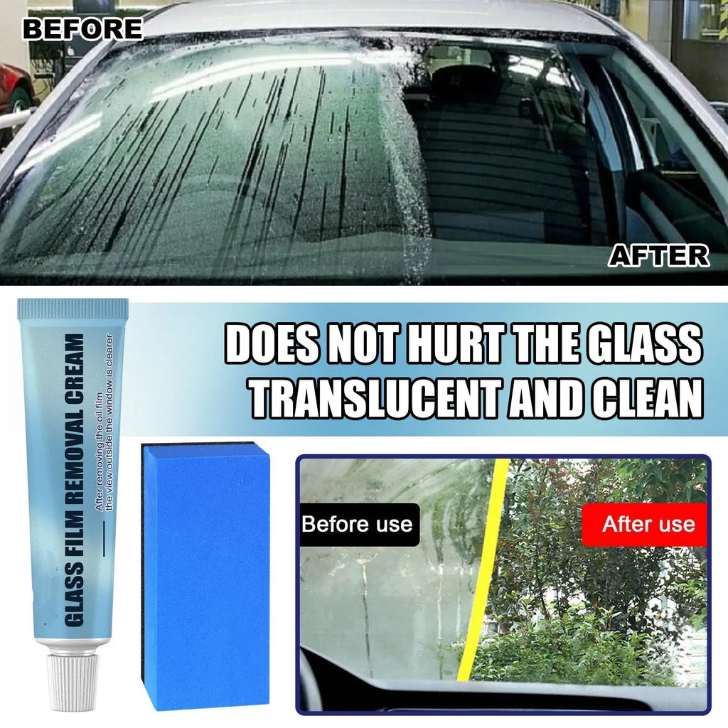 Blue car glass oil film remover paste and soft sponge applicator for windscreen cleaning