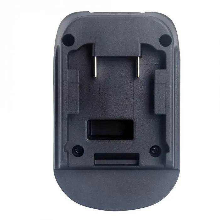 Black battery adapter converting Milwaukee DM18M to Makita H99F tools, 125x90x65mm