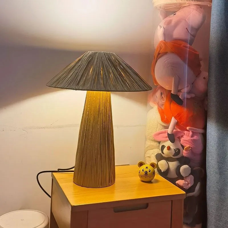 Japanese-style hand-woven rope table lamp with bamboo hat shade, 38cm diameter, tri colour dimmable