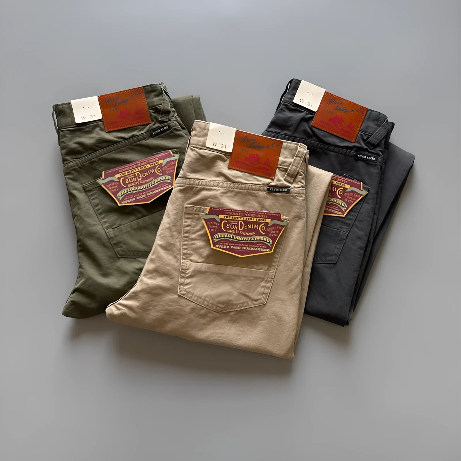 Men's straight-leg cotton casual trousers in khaki colour, laid flat to show mid-waist and straight cut.